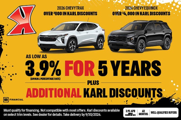Get 3.9% for 5 years on Trax and Equinox at Karl Chevrolet Ankeny